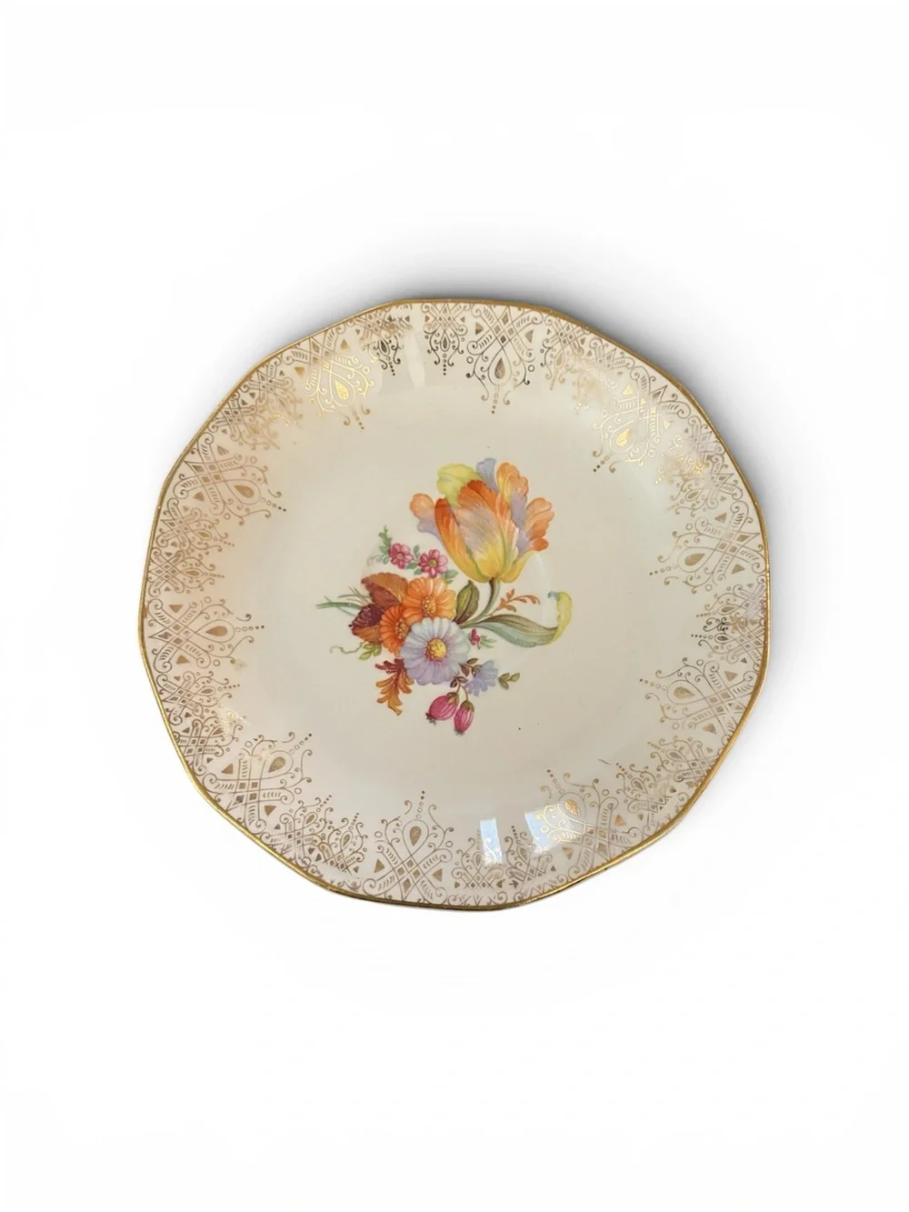 Floral Dinner Plate with Gold Lace Rim - Cream and Multicolor